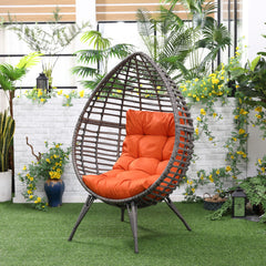 Patio Wicker Egg Chair w/ Soft Cushion, Teardrop Cuddle Seat, Outdoor / Indoor Patio Chair, PE Plastic Rattan Furniture with Adjustable Height Feet Pads, Orange