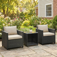 3 Piece Patio Bistro Set, Wicker Furniture Set with Thick Cushions, Glass Coffee Table and Chairs for Garden, Beige