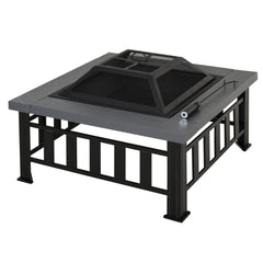 34" Outdoor Fire Pit Square Steel Wood Burning Firepit Bowl with Spark Screen, Waterproof Cover, Log Grate, Poker for Backyard, Camping, BBQ, Bonfire
