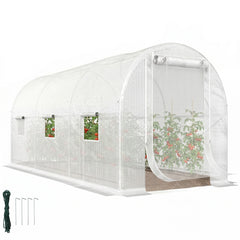 Hoop House Greenhouse, Walk-in Tunnel Greenhouse with 2 Support Rods, Zippered Roll-up Mesh Door, 14.6'x6.5'x6.6', White