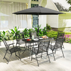 8 Piece Outdoor Dining Set, Patio Furniture Set with Umbrella, 6 Folding Chairs, Rectangle Table and Mesh Seat, Black