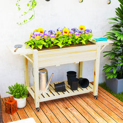 Wood Raised Planter Box, Elevated Garden Bed with Lockable Wheels, Side Tables, Bottom Shelf, Drain Holes, Natural