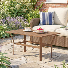 Outdoor Coffee Table with Slatted Tabletop, All-Weather Rectangle Metal Patio Coffee Table for Garden, Brown