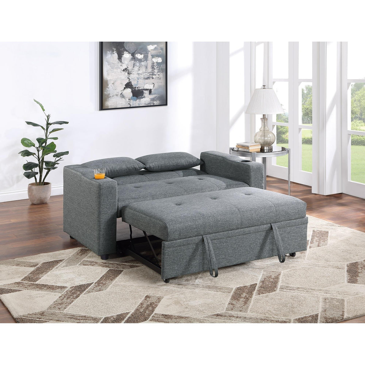 Contemporary Black Gray Sleeper Sofa Pillows Plush Tufted Seat 1pc Convertible Sofa w Cup Holder Polyfiber Couch Living Room Furniture