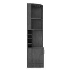 Story Corner Bar Cabinet, Eight Bottle Cubbies, Double Door, Two Open Shelves -Smokey Oak