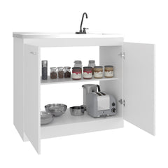 Pulsar Utility Sink with Faucet Inclued and Integrated Stainless Steel Counter top, Freestanding cabinet with two doors, Metal Handles and Two interior shelves, White