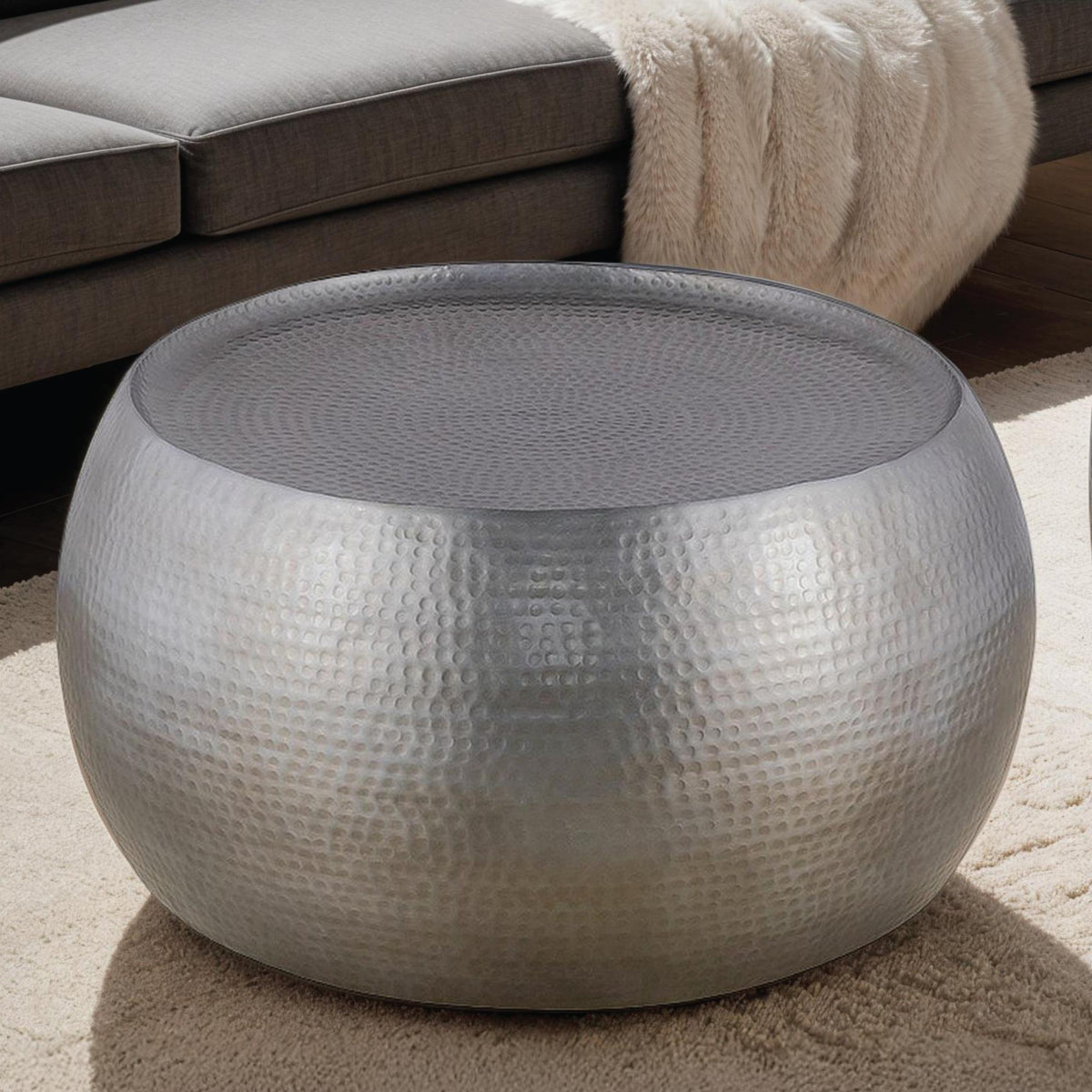 JOURNAL Modern Contemporary Round Aluminum material 32" Coffee Table, Farmhouse Table with Glossy Hand Hammered Design Antique Silver