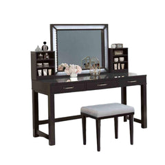 Glam Style 1pc Vanity w/ Stool Set Tempered Glass Top Central Mirror Storage Drawers Padded Stool Obsidian Gray Finish