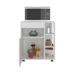 Helen Microwave Cart and Cabinet, Freestanding Compact Sideboard with One Door Cabinet, Appliance Surface, 3 Side Open Shelves and One Open Upper Shelf, White