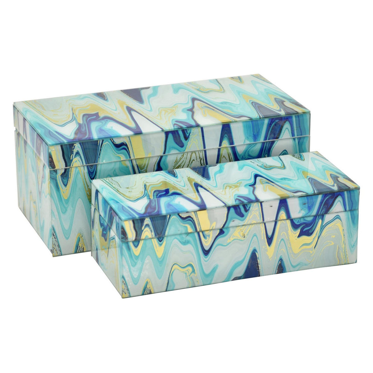 Crown Small Decorative Box Set of 2, Abstract Marbled Teal Blue Glass