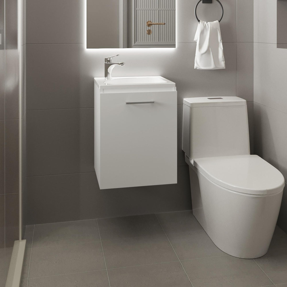 Crest Floating, Wide One-Door Cabinet Vanity, With Resin Sink And One Shelf, Bathroom Storage, White