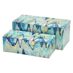 Crown Small Decorative Box Set of 2, Abstract Marbled Teal Blue Glass