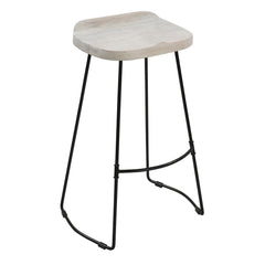 Neptune 30 Inch Handcrafted Backless Barstool, Whitewashed Mango Wood Saddle Seat, Black Metal Base