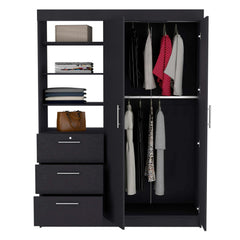Astyanax 3 Drawers Armoire, Double Door, 3-Tier Shelf -Black