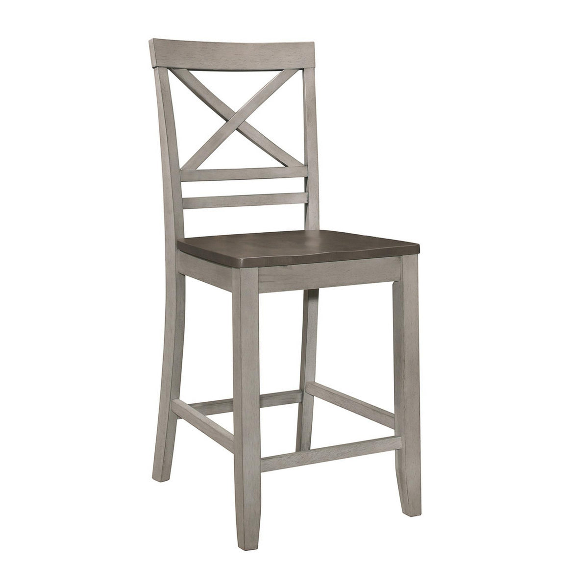 Crest 23 Inch Counter Chair, Crossbuck Backrest, Rustic Gray Wood, Brown
