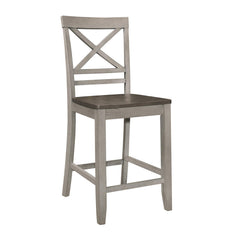 Crest 23 Inch Counter Chair, Crossbuck Backrest, Rustic Gray Wood, Brown
