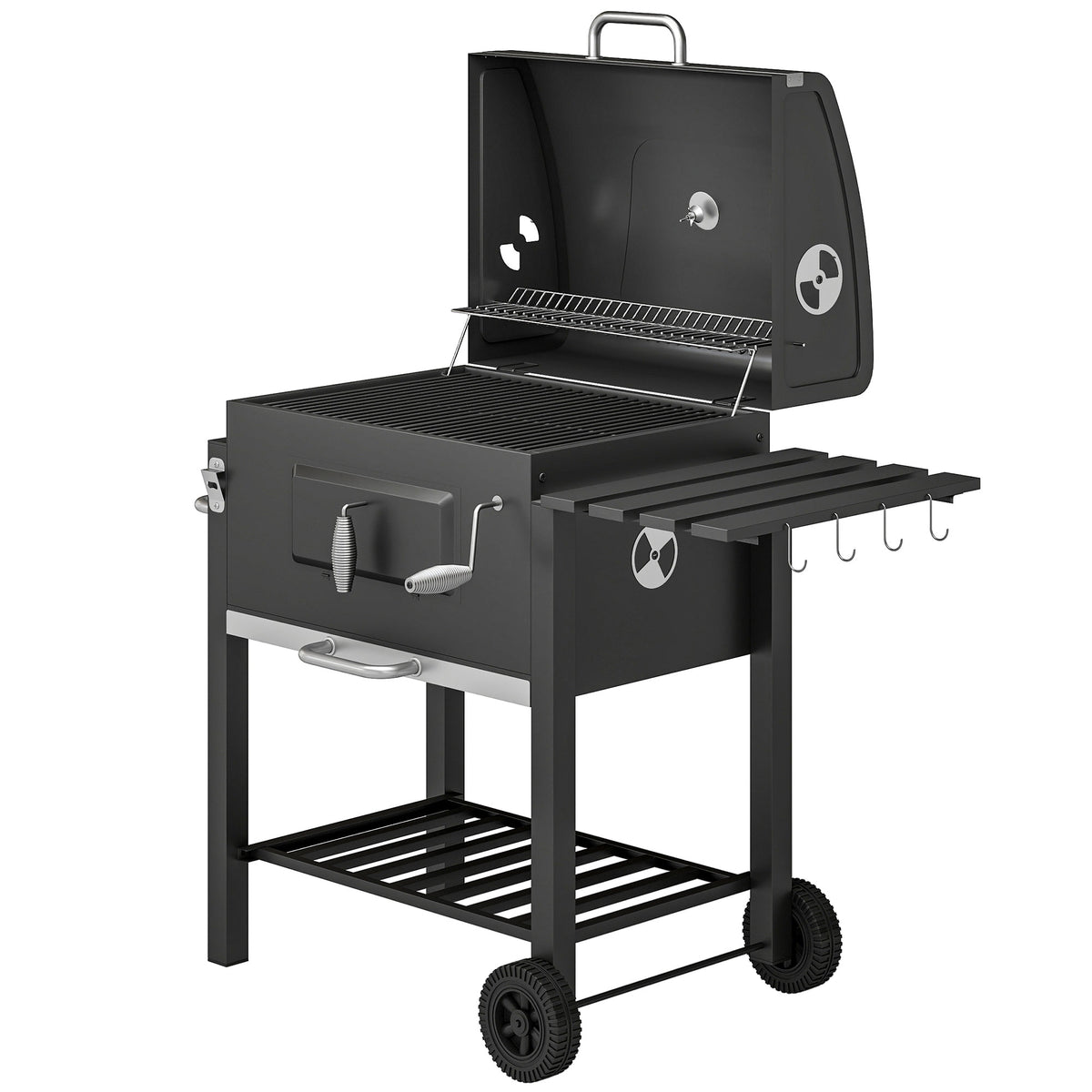Charcoal BBQ Grill and Smoker Combo Outdoor Portable Trolley Camping Picnic Backyard with Side Shelf, Black