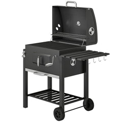 Charcoal BBQ Grill and Smoker Combo Outdoor Portable Trolley Camping Picnic Backyard with Side Shelf, Black