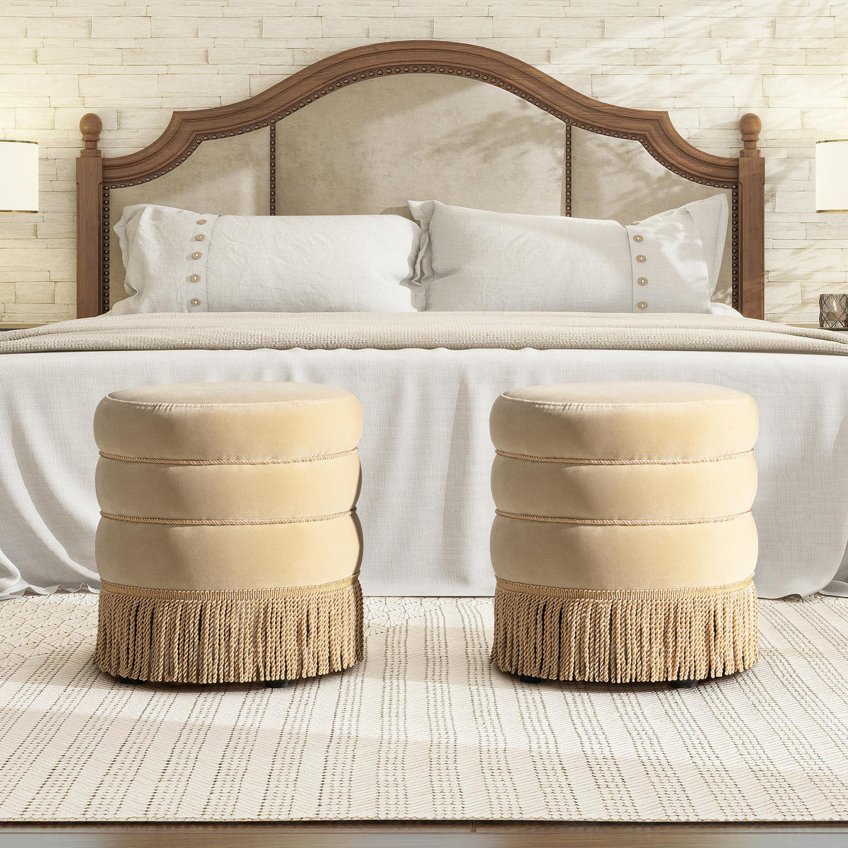 Neptune 17.5" Round Upholstered Ottoman with Bullion Fringe Fawn Brown Performance Velvet