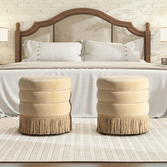 Neptune 17.5" Round Upholstered Ottoman with Bullion Fringe Fawn Brown Performance Velvet