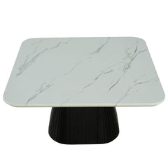 Contemporary Style Square Coffee Table Faux Marble Top Reeded Drum Base Black Finish Primary Living Room