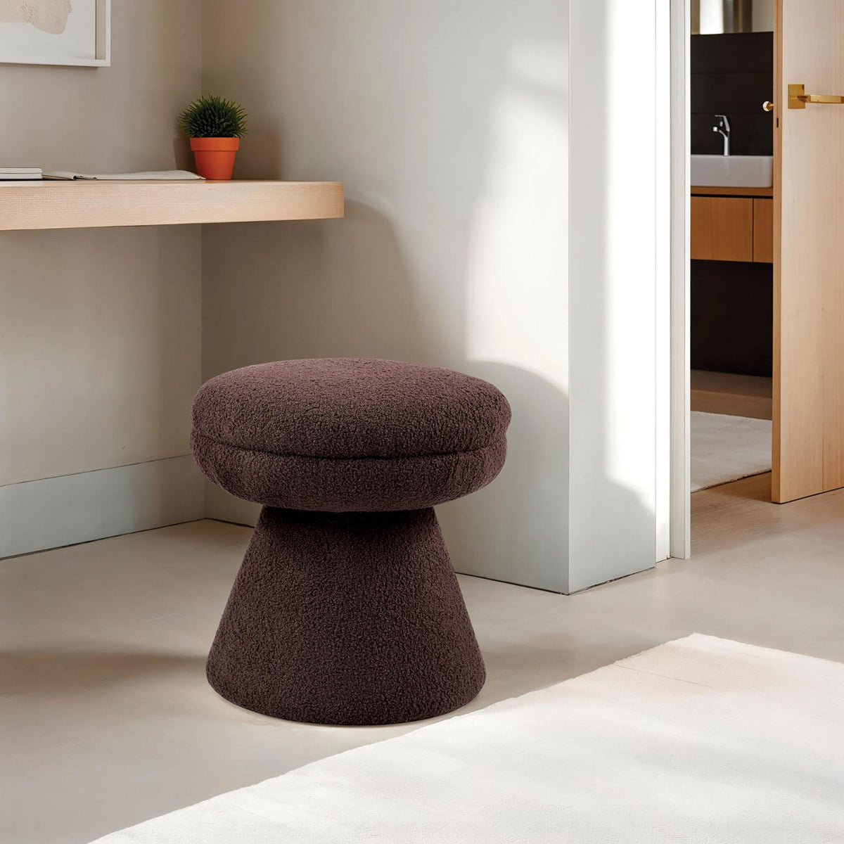 Brown Finish 1pc Round Top Accent Stool Teddy Fabric Pedestal Base Mushroom Shape Design Contemporary Primary Living Room