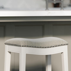 Sanctuary Counter-Height Backless Wood Saddle-Seat Barstool with Nailhead Trim, Farmhouse Whitewash with Gray Upholstered Seat, 1PC