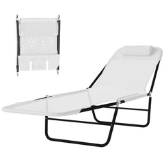 Folding Chaise Lounge Chair, Pool Sun Tanning Chair, Outdoor Lounge Chair with Reclining Back, Breathable Mesh Seat, Headrest for Beach, Yard, Patio, Cream White