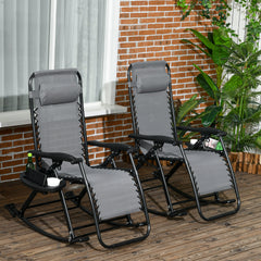 2 Outdoor Rocking Chairs Foldable Reclining Zero Gravity Lounge Rockers w/ Pillow Cup & Phone Holder, Gray