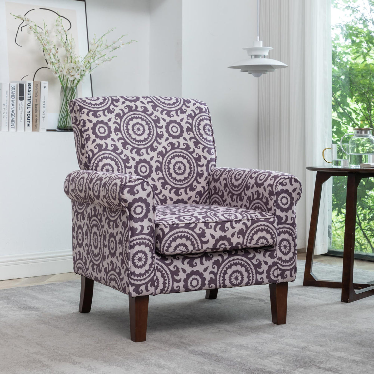 Traditional Rolled Arm Armchair, Solid Birch Wood Frame with Tapered Brown Legs, Polyester Blend Printed Cloth Upholstered Chair with Foam Filled Seat for Living Room Office