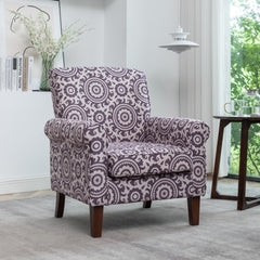 Traditional Rolled Arm Armchair, Solid Birch Wood Frame with Tapered Brown Legs, Polyester Blend Printed Cloth Upholstered Chair with Foam Filled Seat for Living Room Office