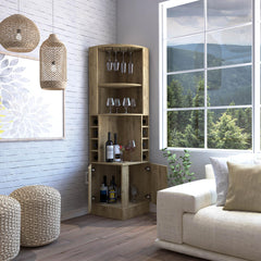 Story Corner Bar Cabinet, Eight Bottle Cubbies, Double Door, Two Open Shelves Macadamia