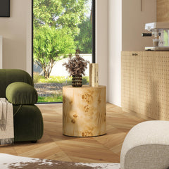 Eden 20" Accent Oval Pillar Side Table, Warm Natural Brown Burl Wood