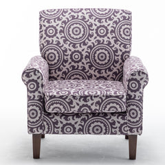 Traditional Rolled Arm Armchair, Solid Birch Wood Frame with Tapered Brown Legs, Polyester Blend Printed Cloth Upholstered Chair with Foam Filled Seat for Living Room Office