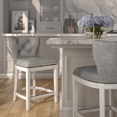 26" Upholstered Counter-Height Swivel Bar Stool with Back, White with Gray Upholstery, 1PC