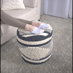 Log Handcrafted Fabric Cylindrical Pouf, White and Dark Blue