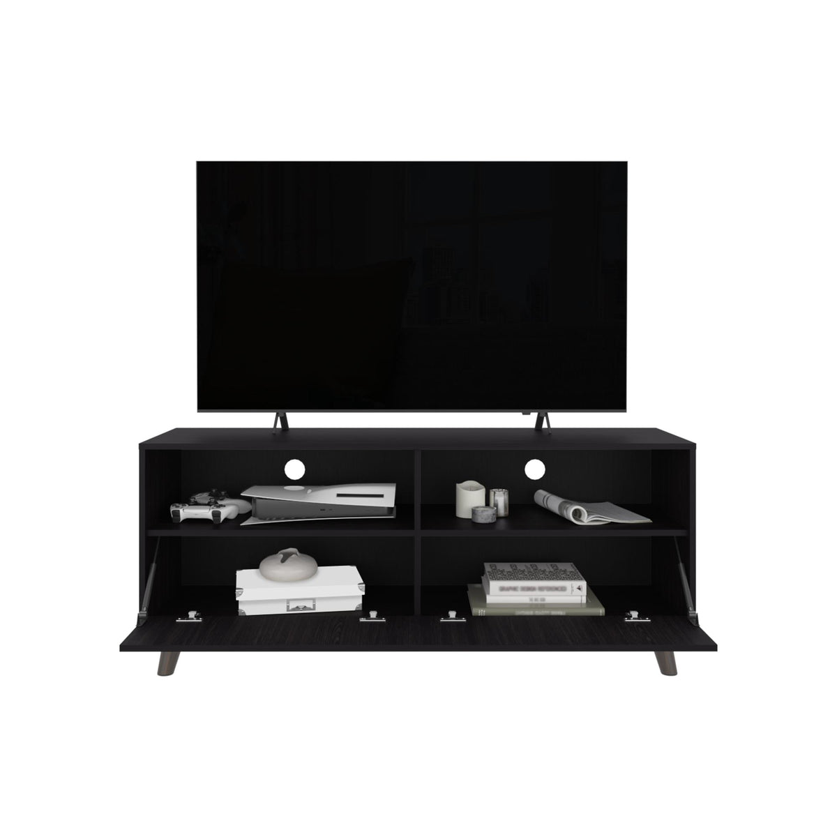 Supernova Tv Stand With 2 Doors And Open Storage Shelves, Modern Entertainment Center, Black