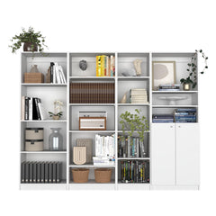Nebula 4 Piece Home Bookcase set, 91" Wide with 17 Shelves And a Double-Door Cabinet , Living Room Set Whitee