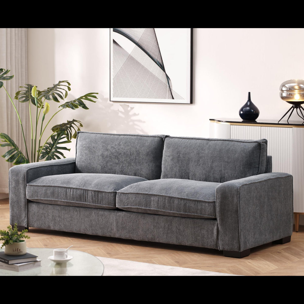 Odysseus Corduroy Sofa with Sleek Design, Spacious and Comfortable 3 Seater Couch for Modern Living Room, Ideal for Entertainment and Cozy Moments, Large, Grey