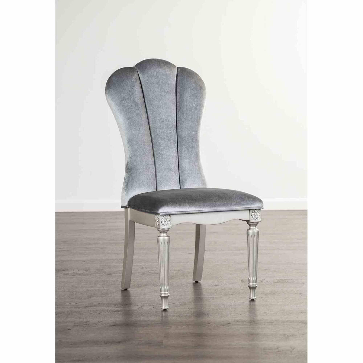 Silver And Light Gray Finish Glam Style 2pc Side Chair Fluted Legs Upholstered Seat Dining Room