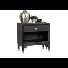 Mid-Century Modern Style 1pc Nightstand Silver Capped Legs Round Knobs USB Charging Port Black Finish Bedroom Furniture