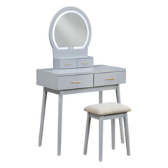 Beautiful Gray Finish Vanity Dresser with Mirror and Stool Set Storage Drawers Luxury Furniture 1pc LED Mirror
