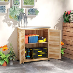 Wooden Storage Cabinet, Outdoor Prep Table w/ Metal Tabletop, Shelves and Double Doors for Patio, Garden, Natural Wood