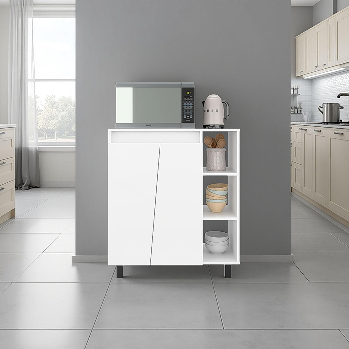 Epimetheus Microwave Sideboard Cabinet, Freestanding Compact Kitchen Pantry with 2-Door Cabinet Storage, 3 Side Open Shelves and, Appliance Surface, White