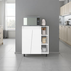 Epimetheus Microwave Sideboard Cabinet, Freestanding Compact Kitchen Pantry with 2-Door Cabinet Storage, 3 Side Open Shelves and, Appliance Surface, White