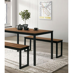 Industrial Style 3pc Dining Set 1x Dining Table 2x Bench U-Shape Metal Legs Wooden Top Walnut And Black Finish