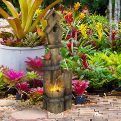 Outdoor Fountain with Birdhouse, Cascading Garden Waterfall Bird Bath with 3-Tier Rustic Tree Trunk / Log Design, LED Lights for Porch, Deck, Yard Decor, Brown
