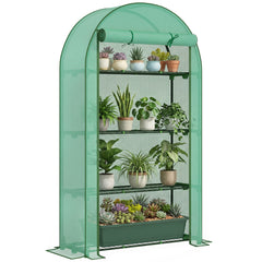 Mini Greenhouse, Portable Greenhouse with 4 Tier Shelves, Roll-Up Door, and Plastic Cover, 41.3" x 17.7" x 63", Green