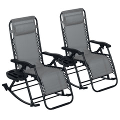 2 Outdoor Rocking Chairs Foldable Reclining Zero Gravity Lounge Rockers w/ Pillow Cup & Phone Holder, Gray
