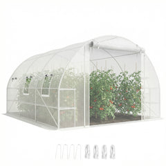 10'x11'x6' Walk-in Tunnel Greenhouse with Shelves, Mesh Door and Windows, Hoop House Greenhouse with PE Cover, White